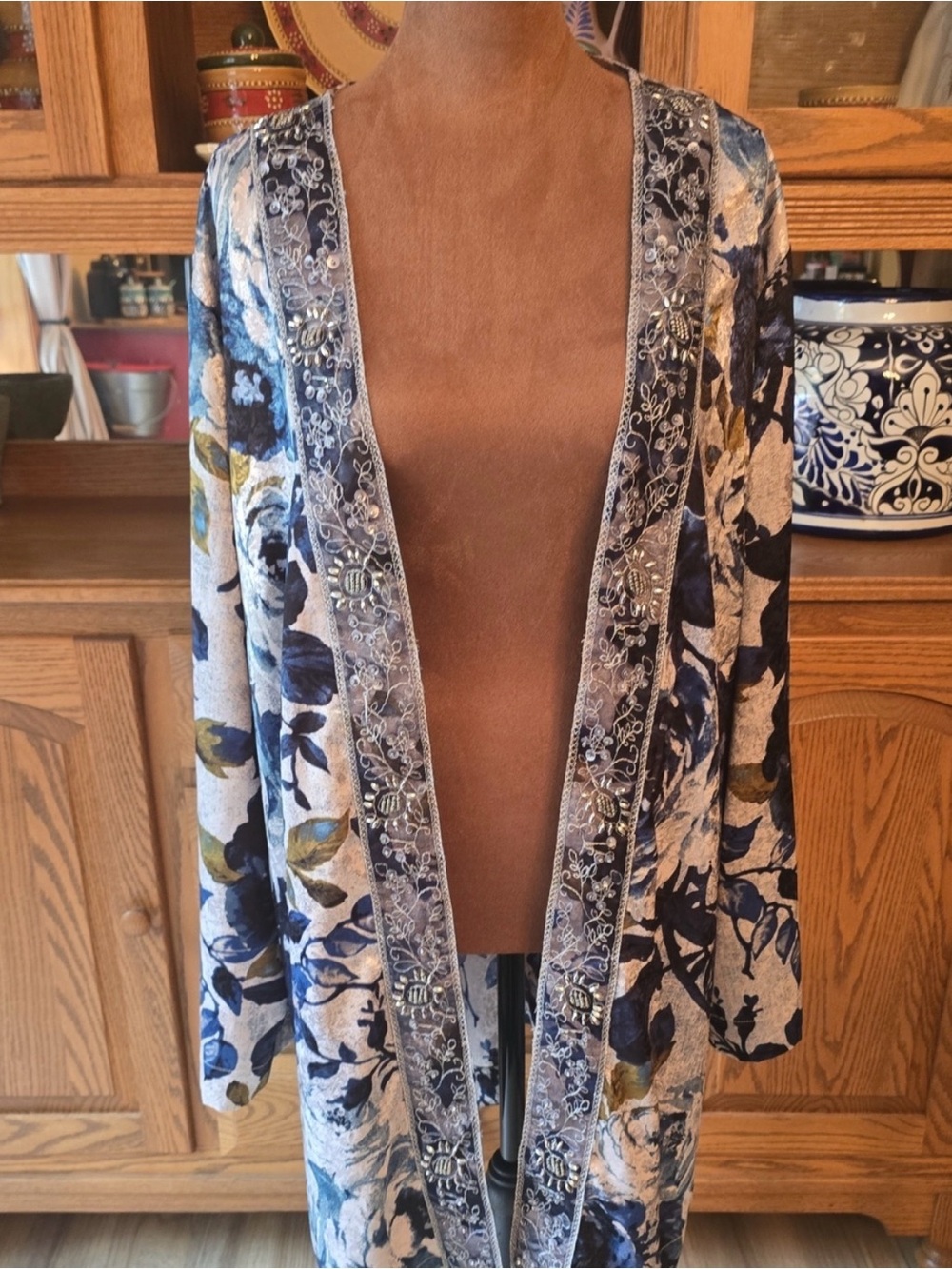 Susan Graver Artisian Embroidered Floral Open-Front Cardigan in Blue and Cream
